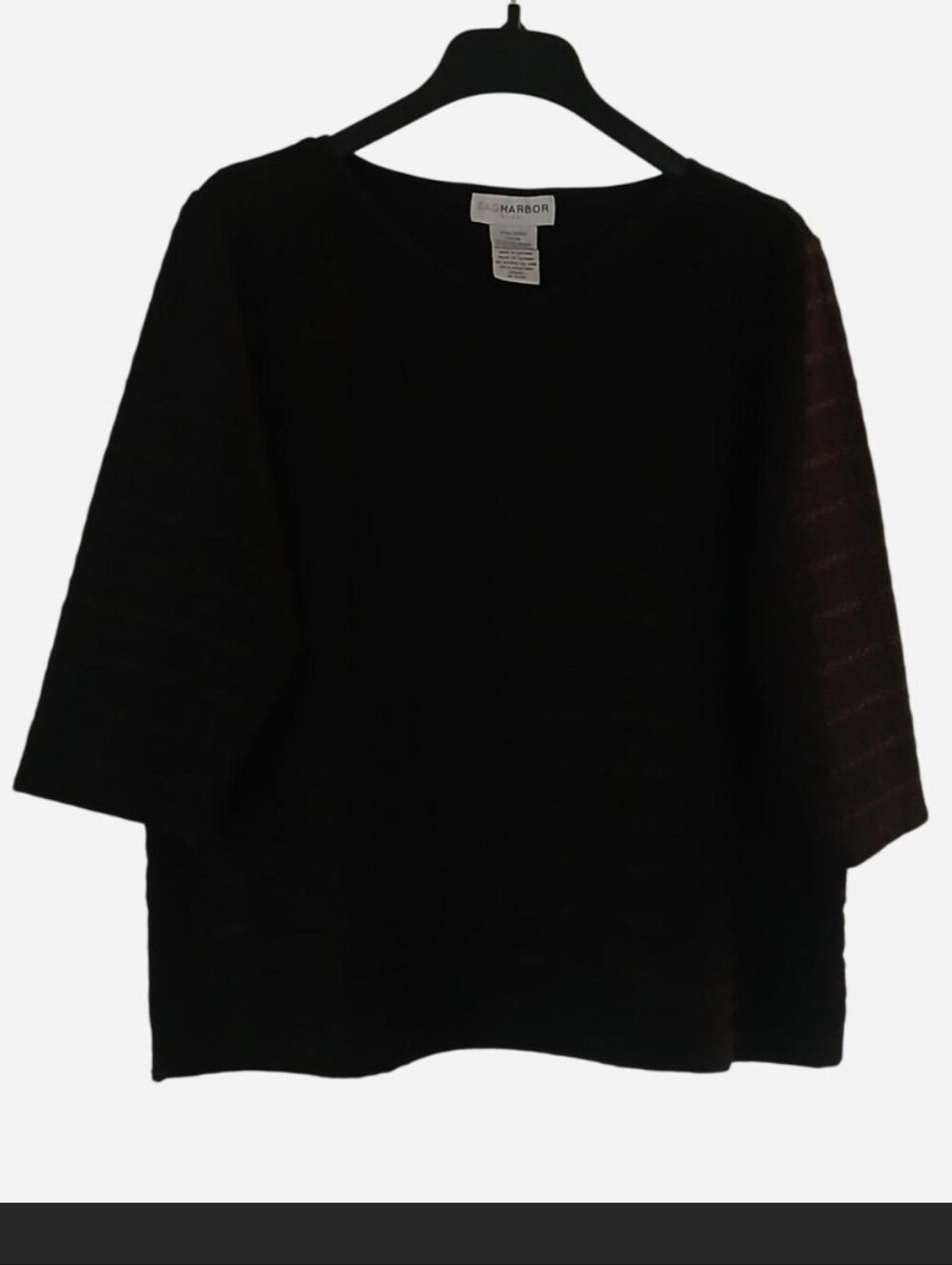 Sag Harbor Size 1X Black Top 3/4 Sleeves Horizontal Sheer Diamond Texture